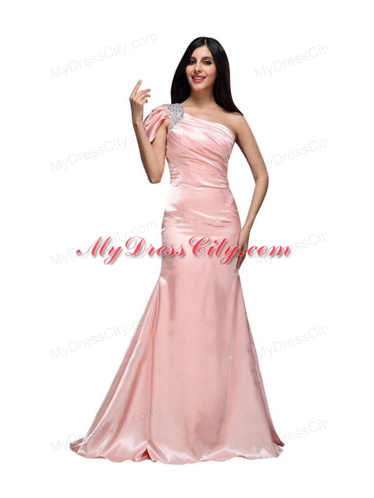 Column Baby Pink One Shoulder Beading and Ruching  Prom Dress