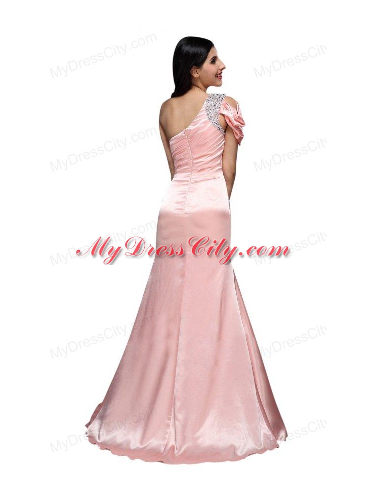 Column Baby Pink One Shoulder Beading and Ruching  Prom Dress