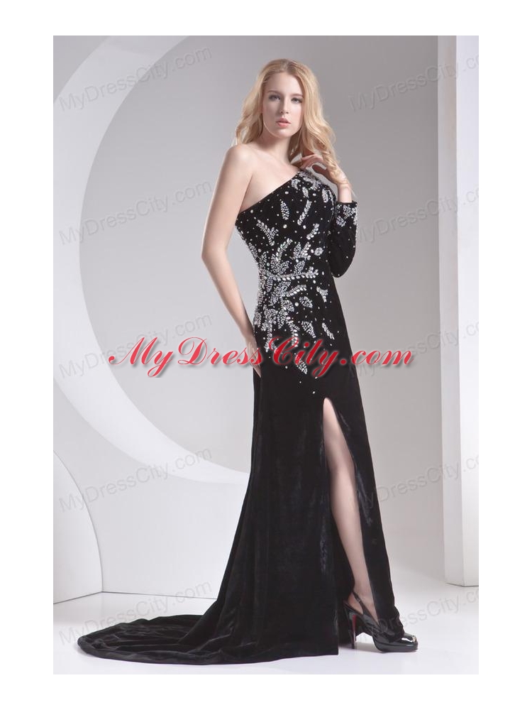 Column Black One Shoulder Beading High Slit Special Fabric Prom Dress