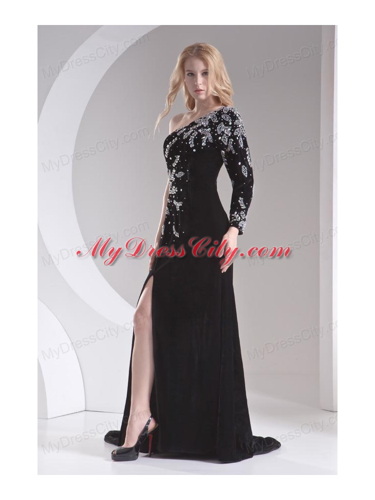 Column Black One Shoulder Beading High Slit Special Fabric Prom Dress