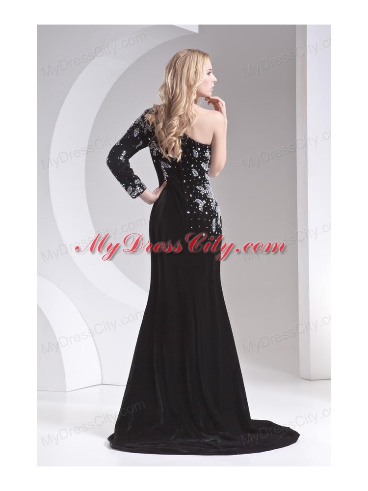 Column Black One Shoulder Beading High Slit Special Fabric Prom Dress