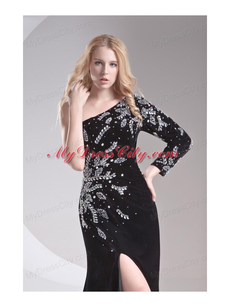 Column Black One Shoulder Beading High Slit Special Fabric Prom Dress