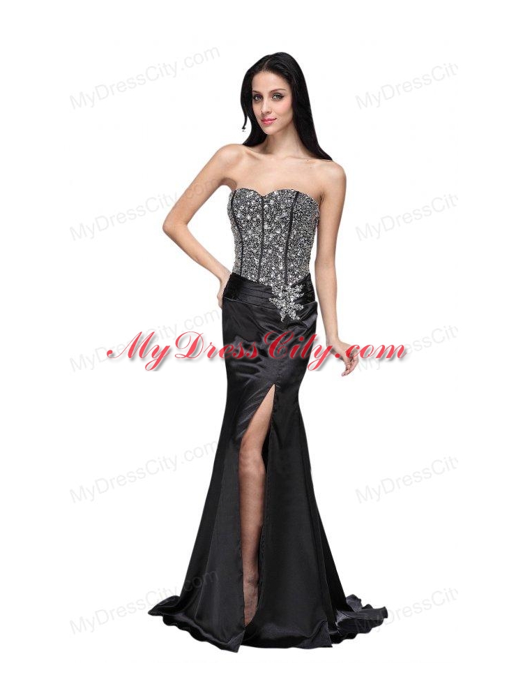 Column Black Sweetheart Beading Chiffon Brush Train Prom Dress