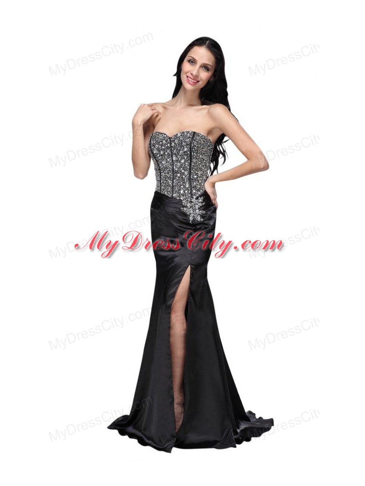 Column Black Sweetheart Beading Chiffon Brush Train Prom Dress