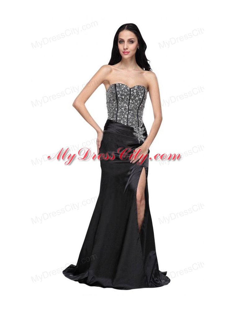 Column Black Sweetheart Beading Chiffon Brush Train Prom Dress