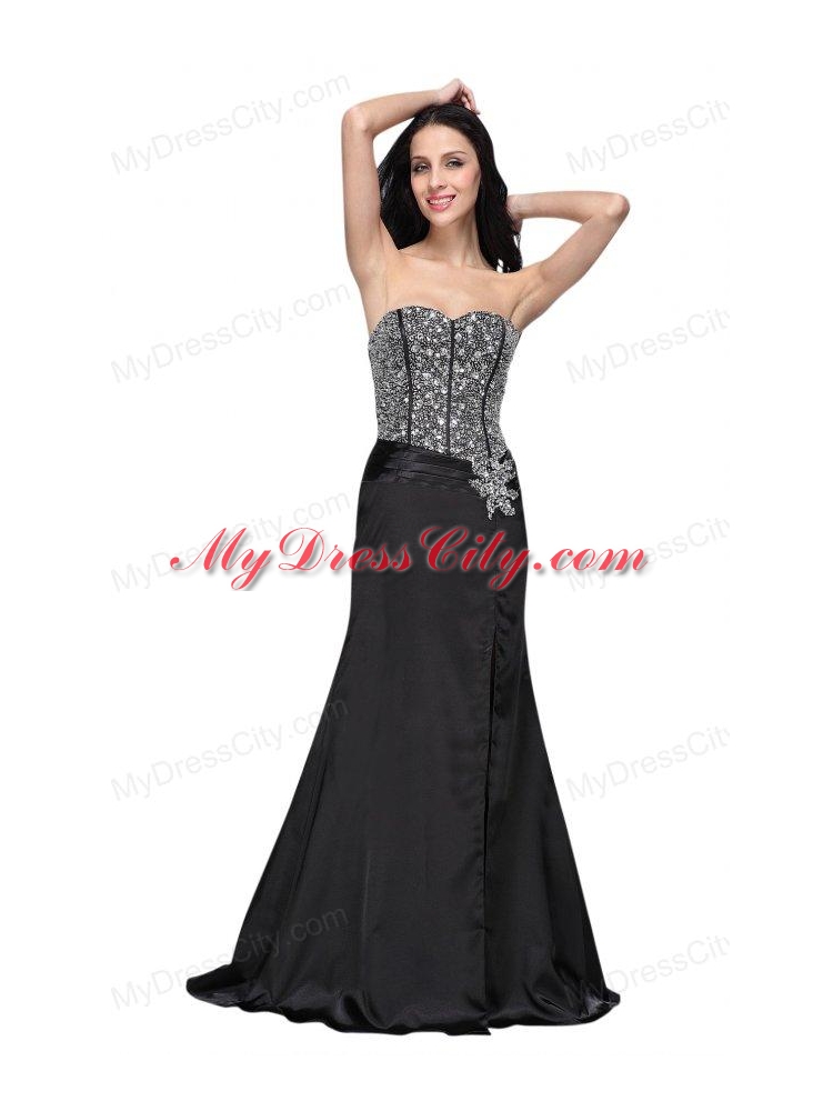 Column Black Sweetheart Beading Chiffon Brush Train Prom Dress