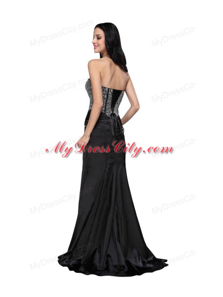 Column Black Sweetheart Beading Chiffon Brush Train Prom Dress