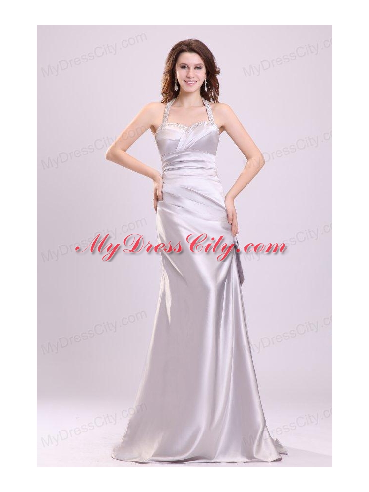 Column Gray Ruching Beading Halter Top Floor-length Prom Dress