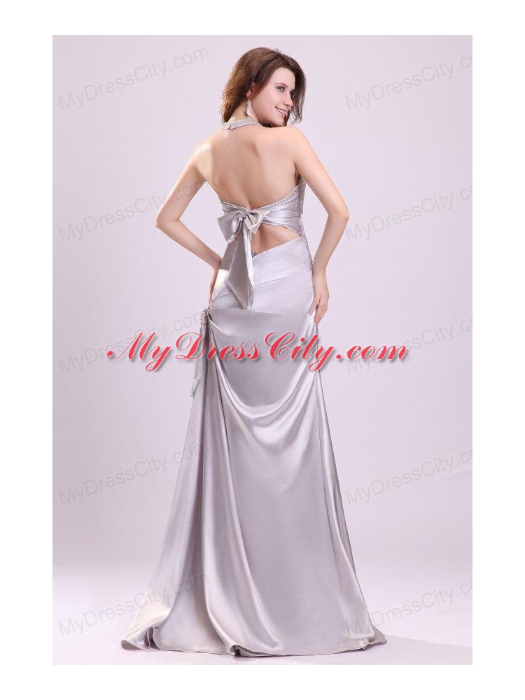 Column Gray Ruching Beading Halter Top Floor-length Prom Dress