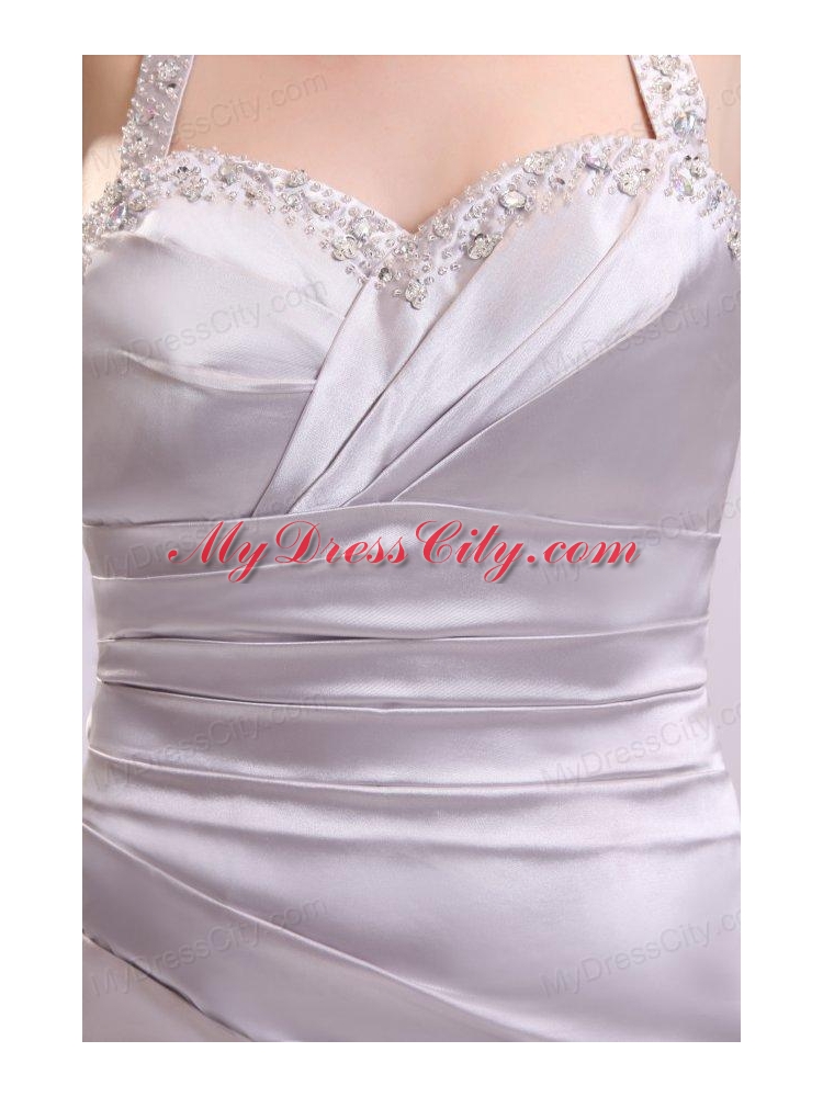 Column Gray Ruching Beading Halter Top Floor-length Prom Dress