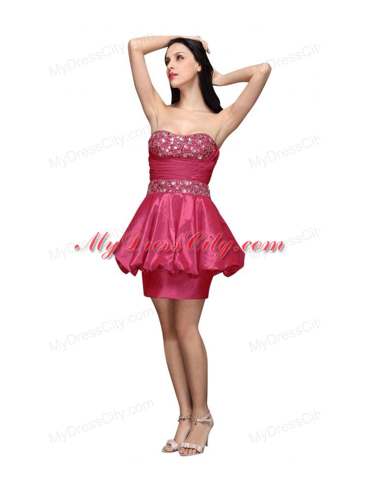 Column Hot Pink Strapless Beading Mini-length Prom Dress