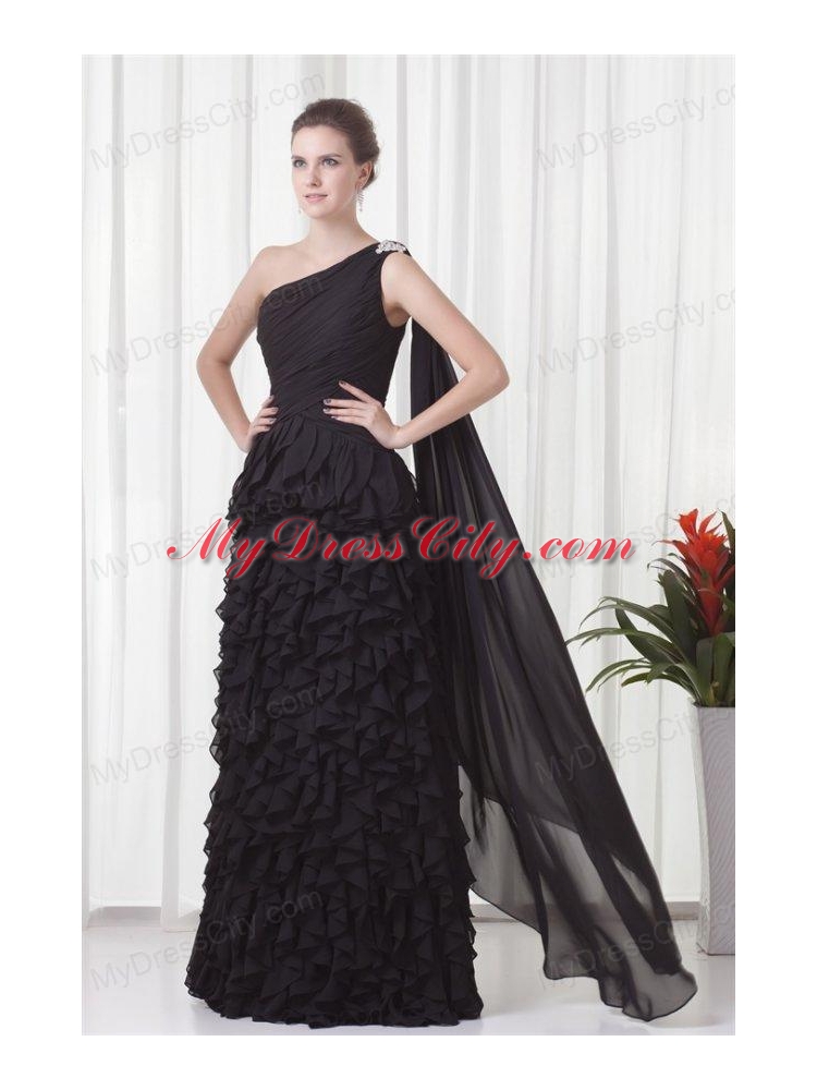 Column One Shoulder Black Watteau Train Chiffon Ruffles Prom Dress