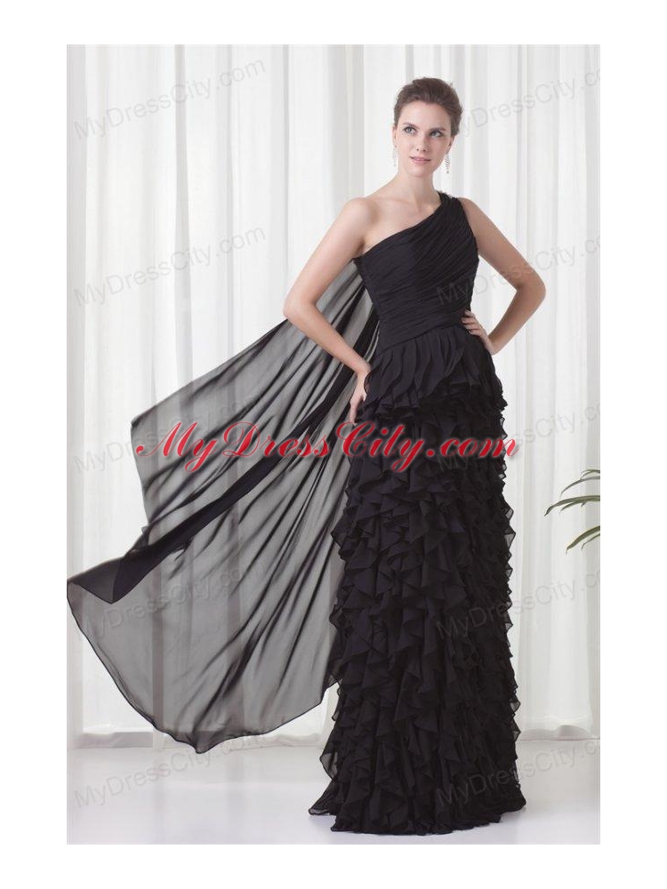 Column One Shoulder Black Watteau Train Chiffon Ruffles Prom Dress