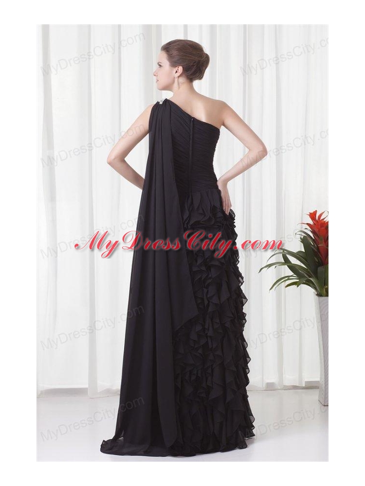 Column One Shoulder Black Watteau Train Chiffon Ruffles Prom Dress