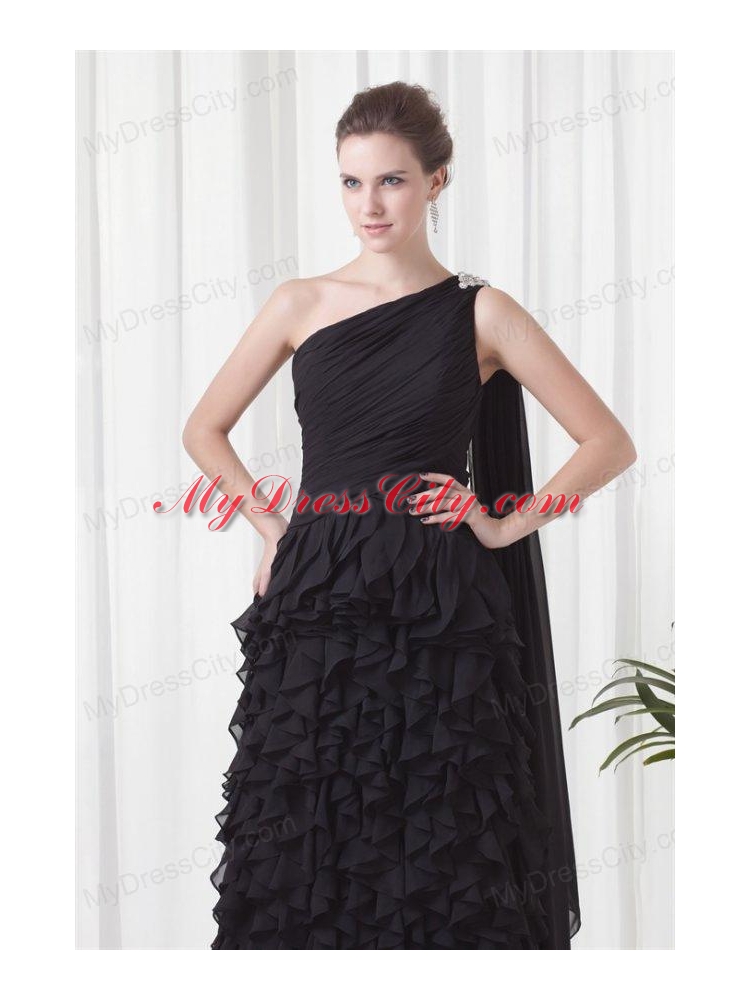 Column One Shoulder Black Watteau Train Chiffon Ruffles Prom Dress