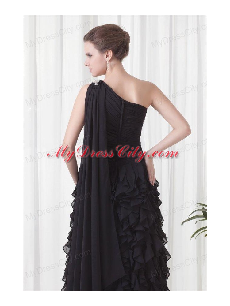 Column One Shoulder Black Watteau Train Chiffon Ruffles Prom Dress