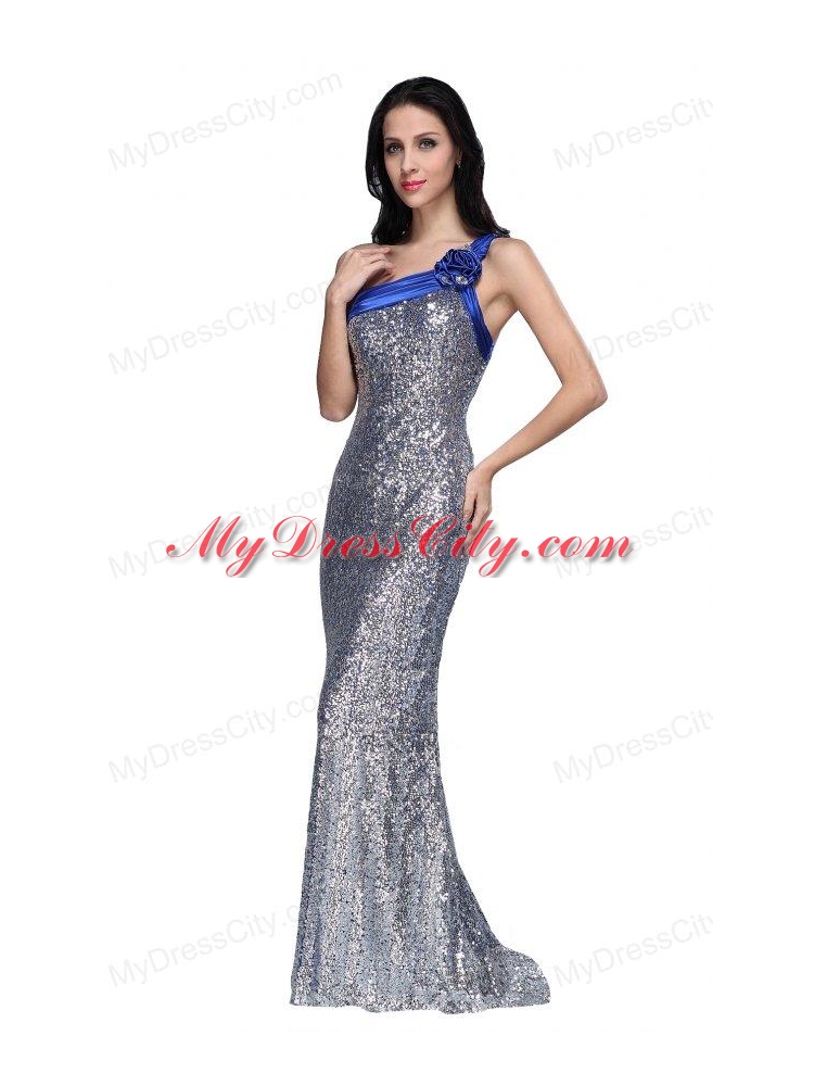 Column One Shoulder Silver Sequins High Slit Brush Train Prom Dress