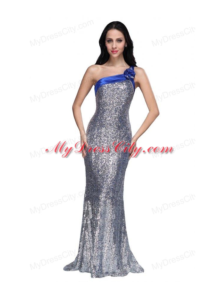 Column One Shoulder Silver Sequins High Slit Brush Train Prom Dress