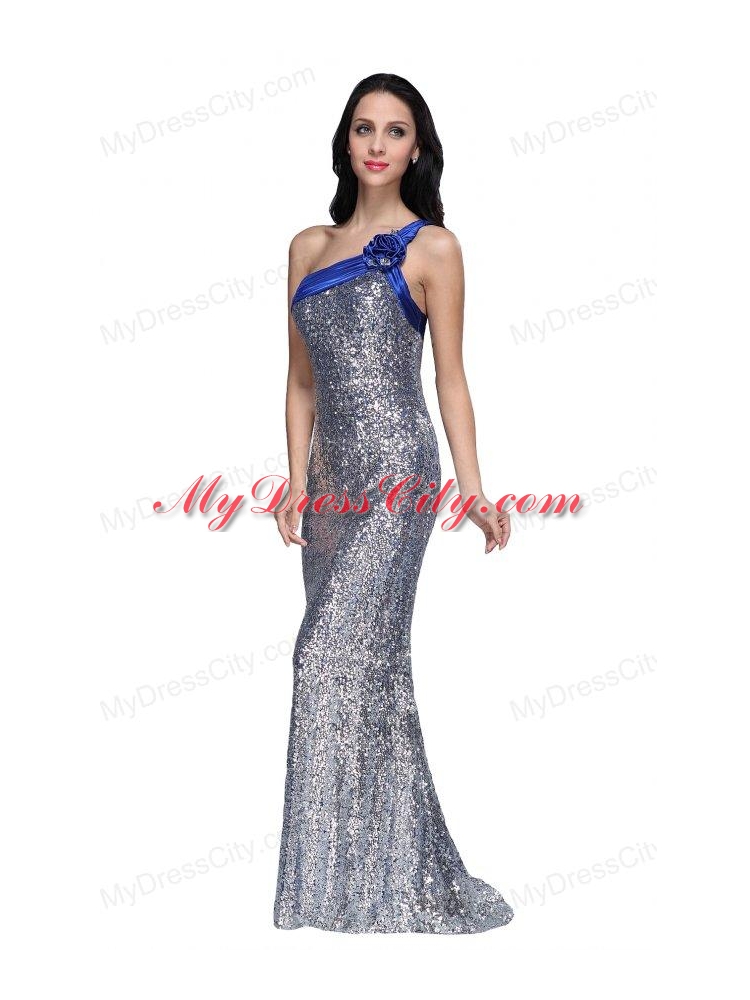 Column One Shoulder Silver Sequins High Slit Brush Train Prom Dress