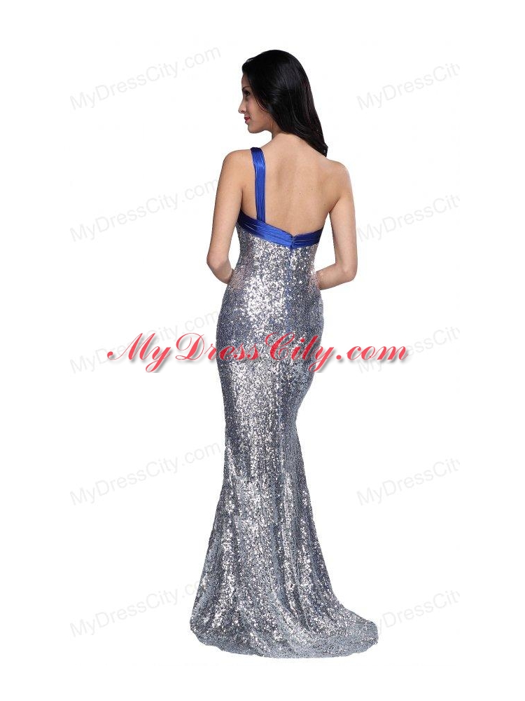 Column One Shoulder Silver Sequins High Slit Brush Train Prom Dress