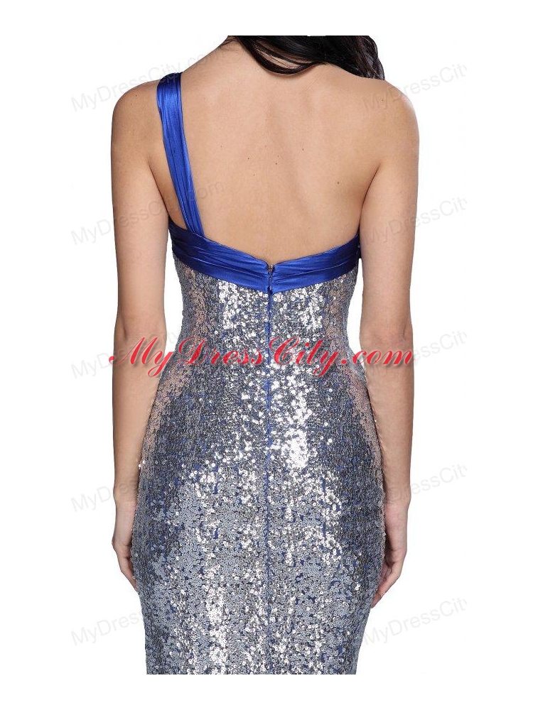 Column One Shoulder Silver Sequins High Slit Brush Train Prom Dress