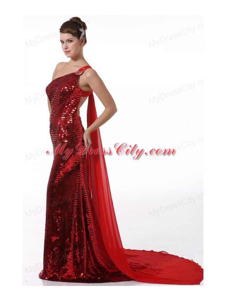 Column One Shoulder Wine Red Watteau Train Sequins Prom Dress