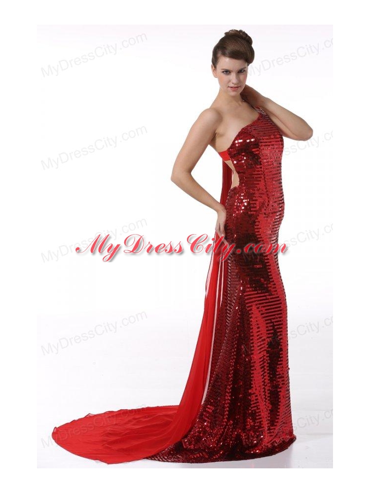 Column One Shoulder Wine Red Watteau Train Sequins Prom Dress