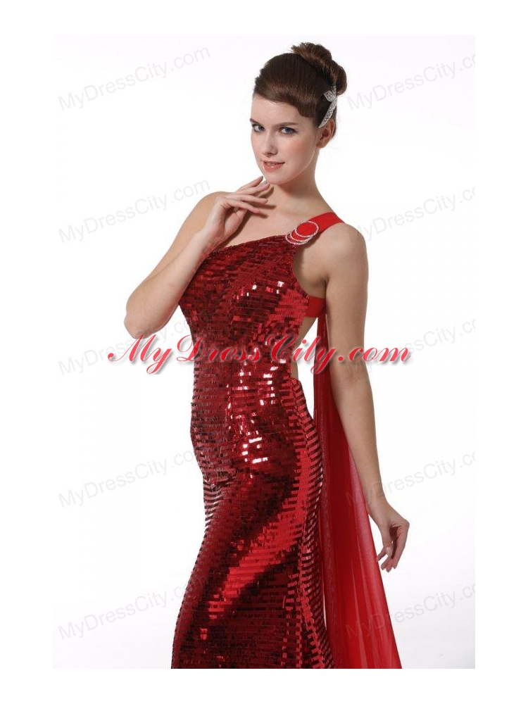 Column One Shoulder Wine Red Watteau Train Sequins Prom Dress