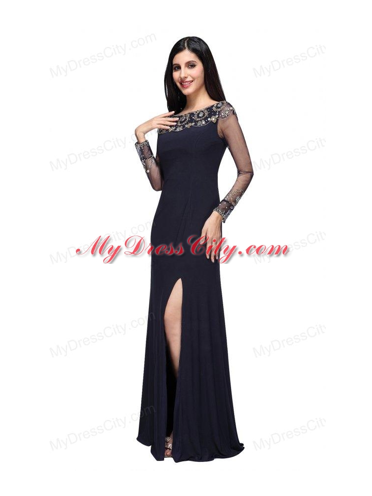 Column Scoop Navy Blue Long Sleeves High Slit Prom Dress