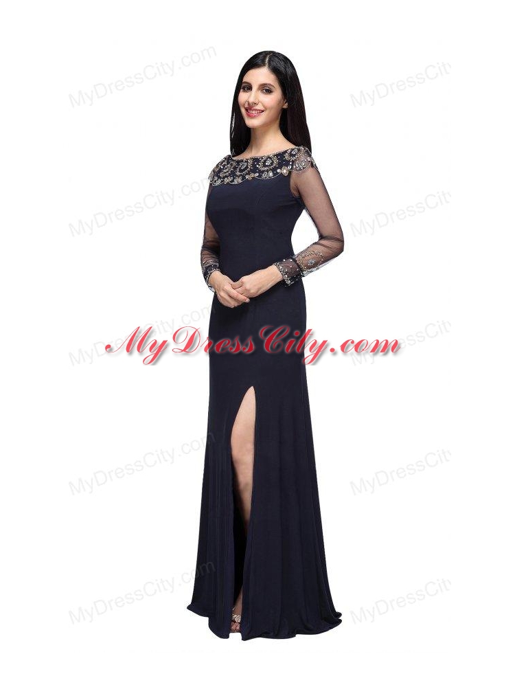 Column Scoop Navy Blue Long Sleeves High Slit Prom Dress