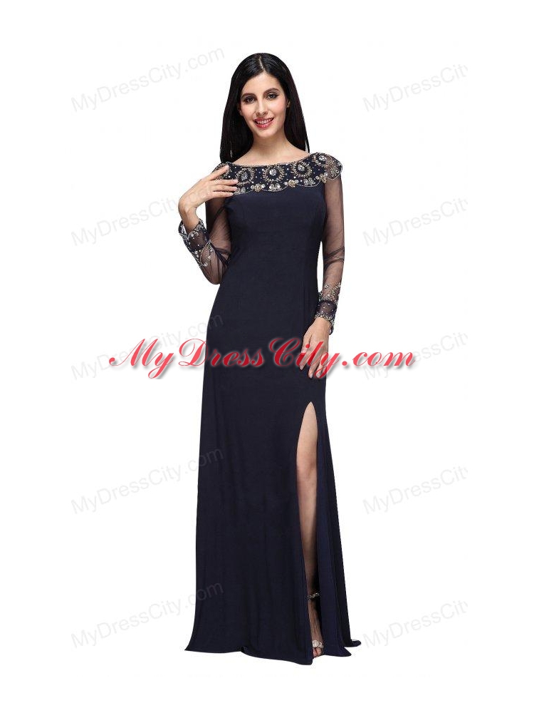 Column Scoop Navy Blue Long Sleeves High Slit Prom Dress