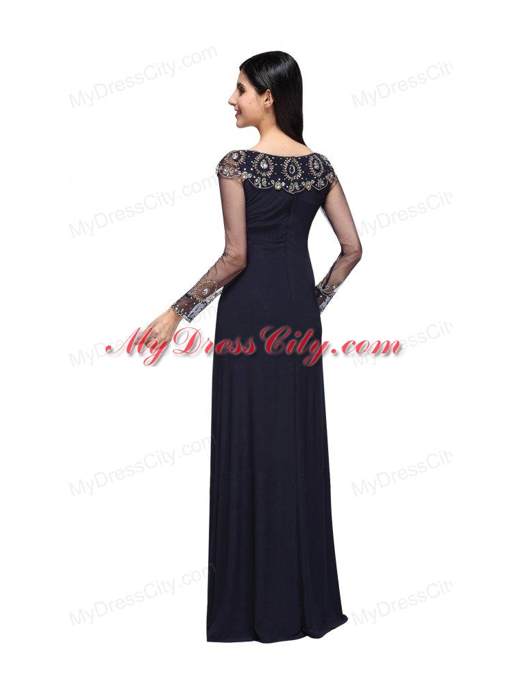 Column Scoop Navy Blue Long Sleeves High Slit Prom Dress