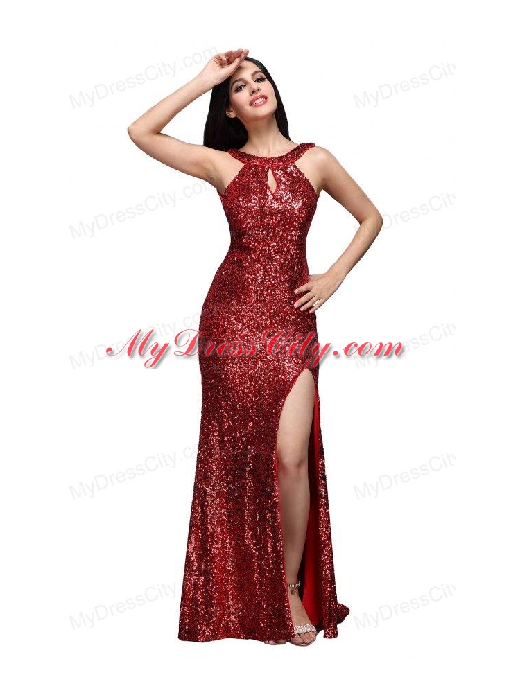 Column Scoop Wine Red Sequins High Slit Brush Train Prom Dress