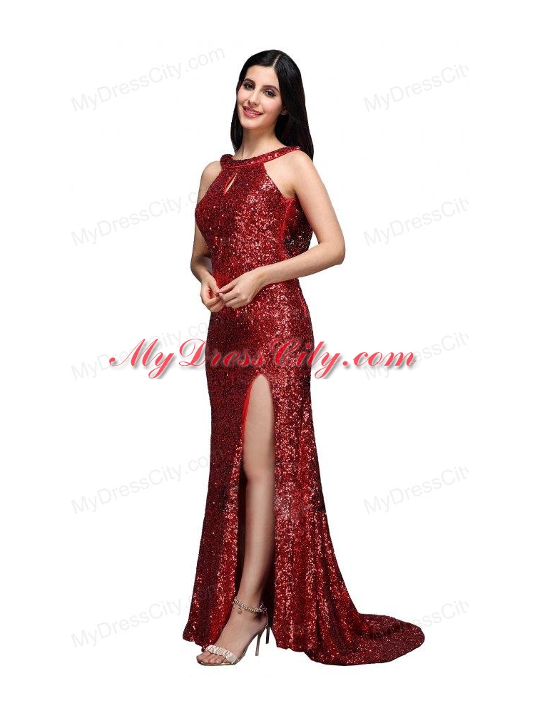 Column Scoop Wine Red Sequins High Slit Brush Train Prom Dress