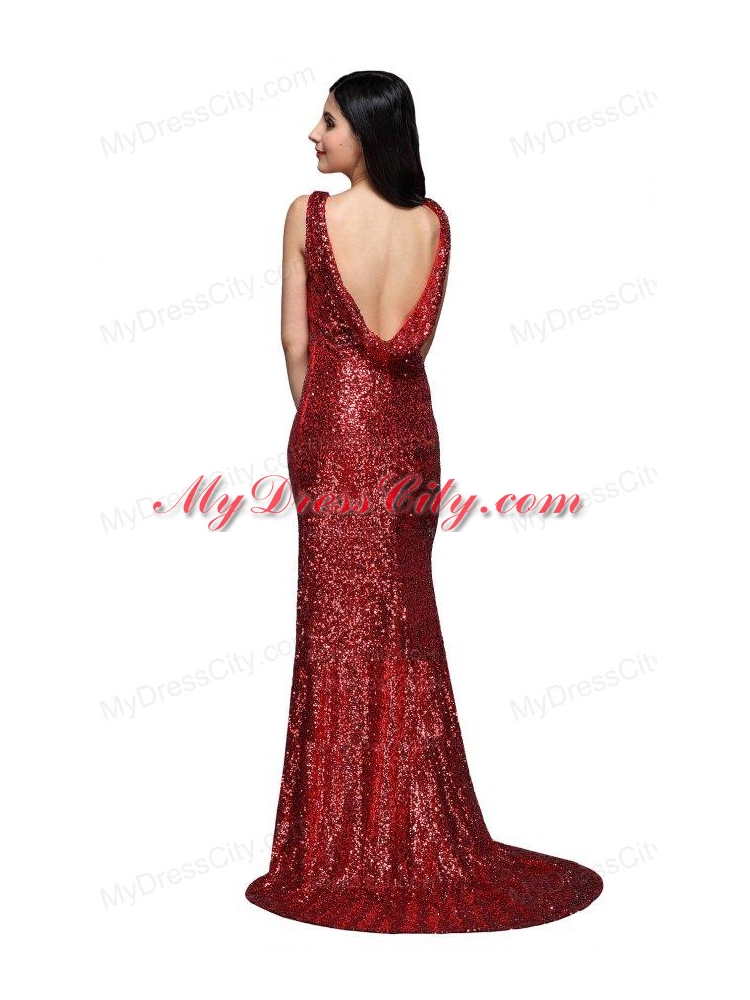 Column Scoop Wine Red Sequins High Slit Brush Train Prom Dress