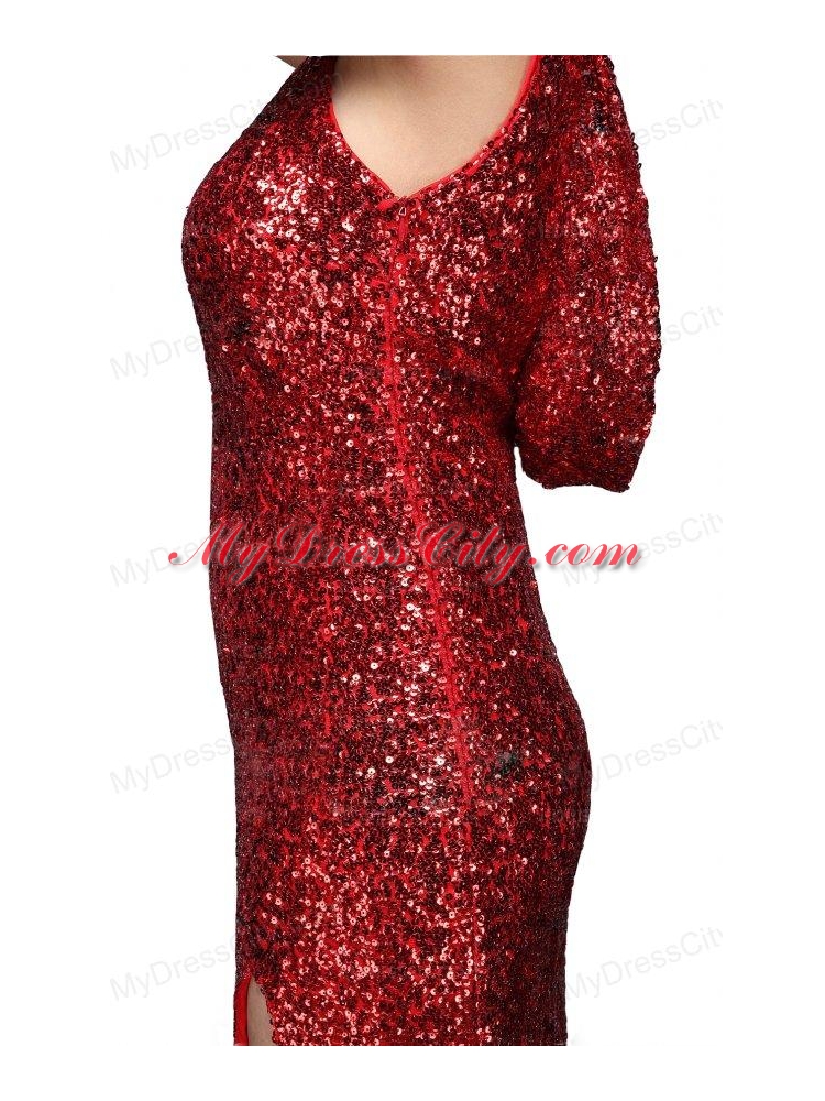 Column Scoop Wine Red Sequins High Slit Brush Train Prom Dress