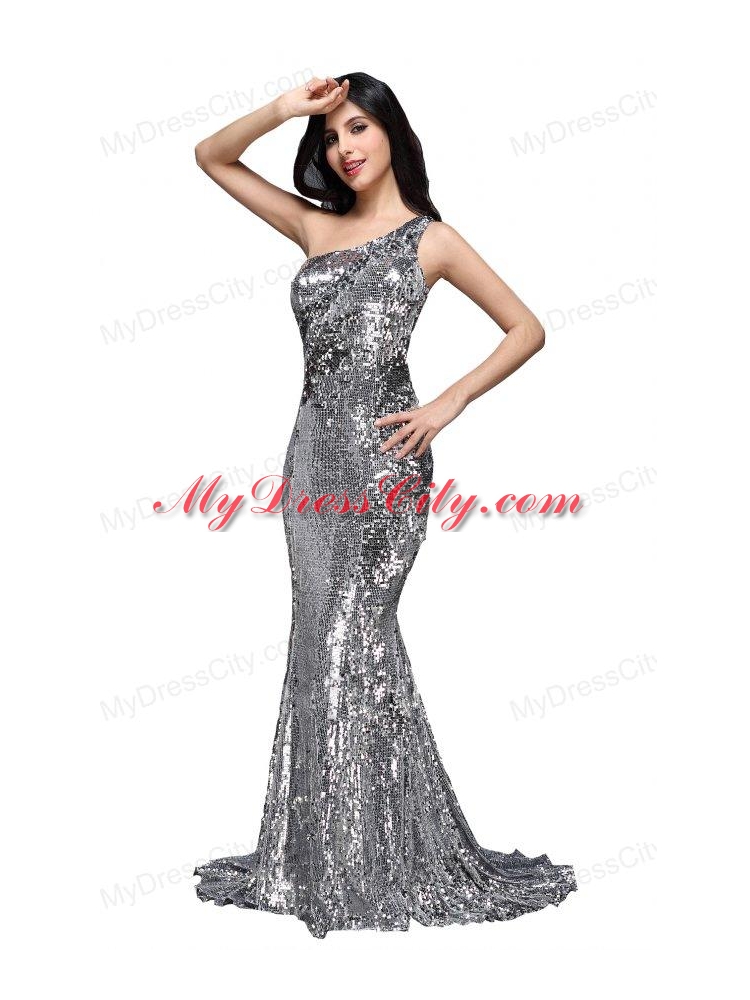 Column Sequins High Slit Silver One Shoulder Brush Train Prom Dress