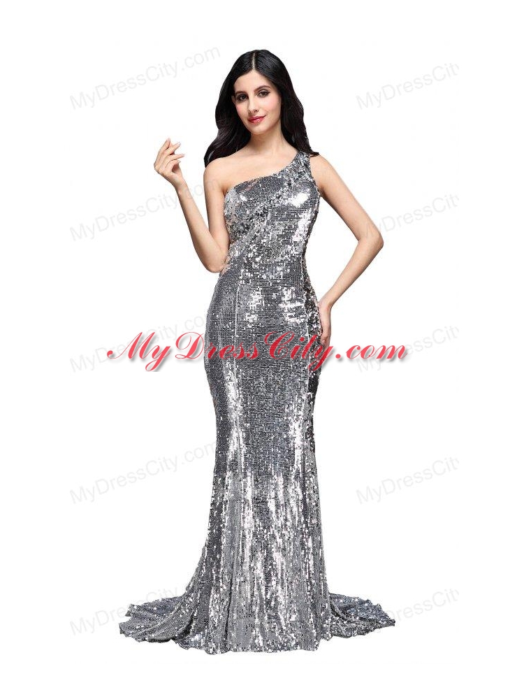 Column Sequins High Slit Silver One Shoulder Brush Train Prom Dress