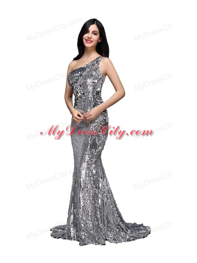 Column Sequins High Slit Silver One Shoulder Brush Train Prom Dress