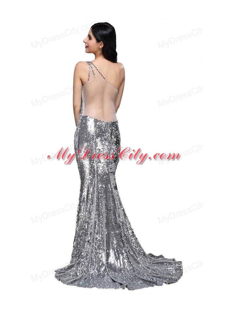 Column Sequins High Slit Silver One Shoulder Brush Train Prom Dress