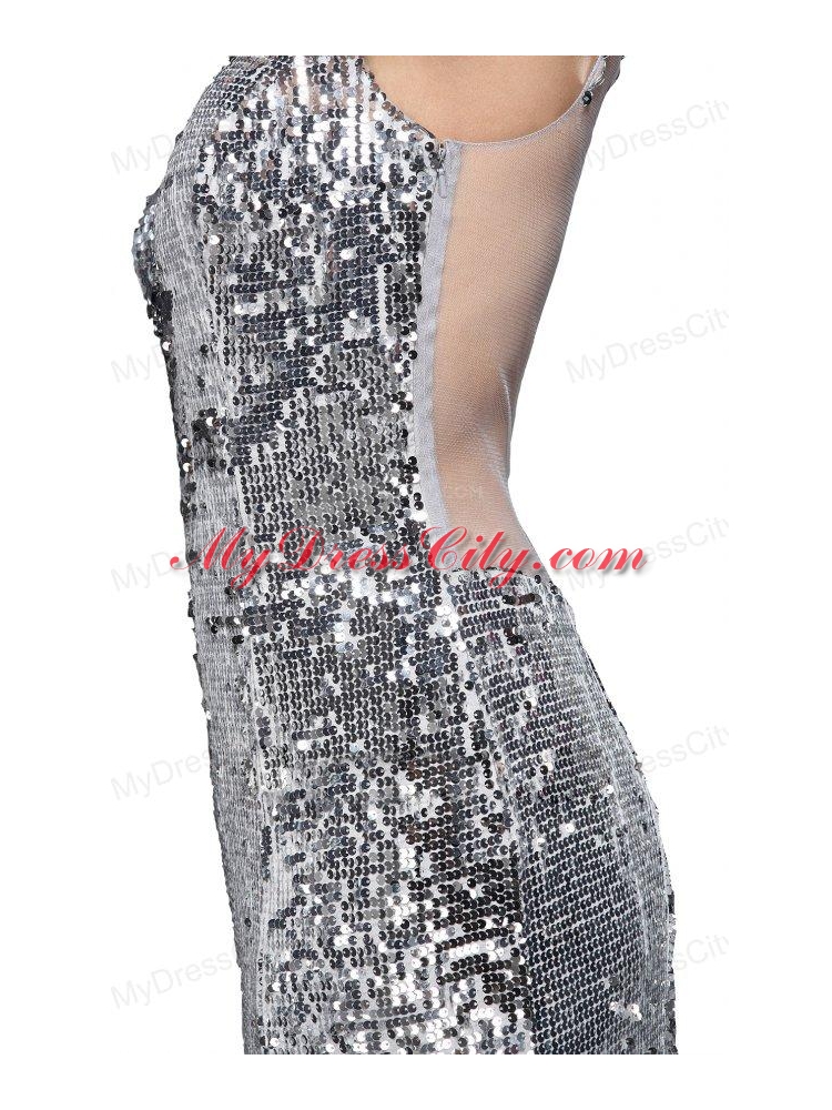 Column Sequins High Slit Silver One Shoulder Brush Train Prom Dress