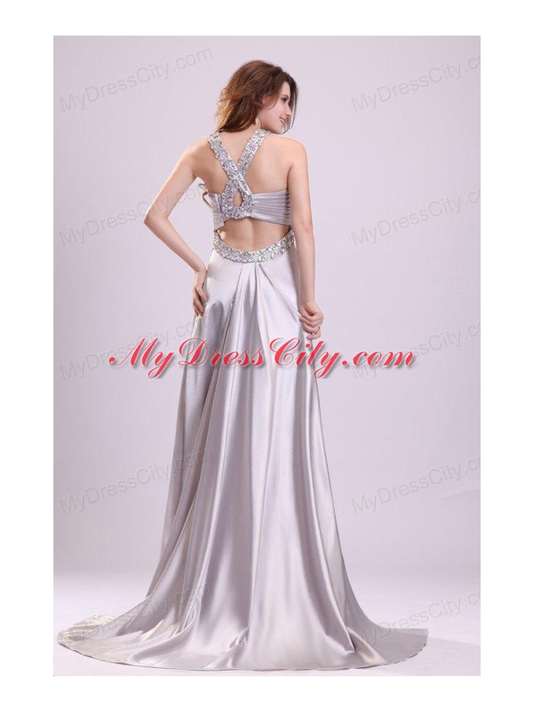 Column Straps Beading Ruching Satin High Slit Gray Prom Dress