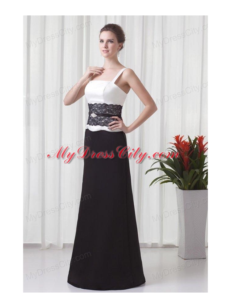 Column Straps Floor-length Lace Black and White Prom Dress