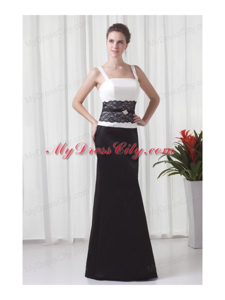 Column Straps Floor-length Lace Black and White Prom Dress