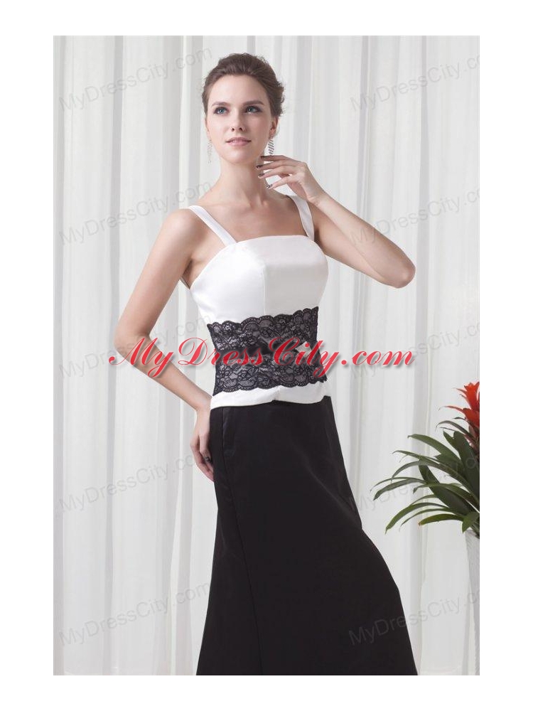 Column Straps Floor-length Lace Black and White Prom Dress