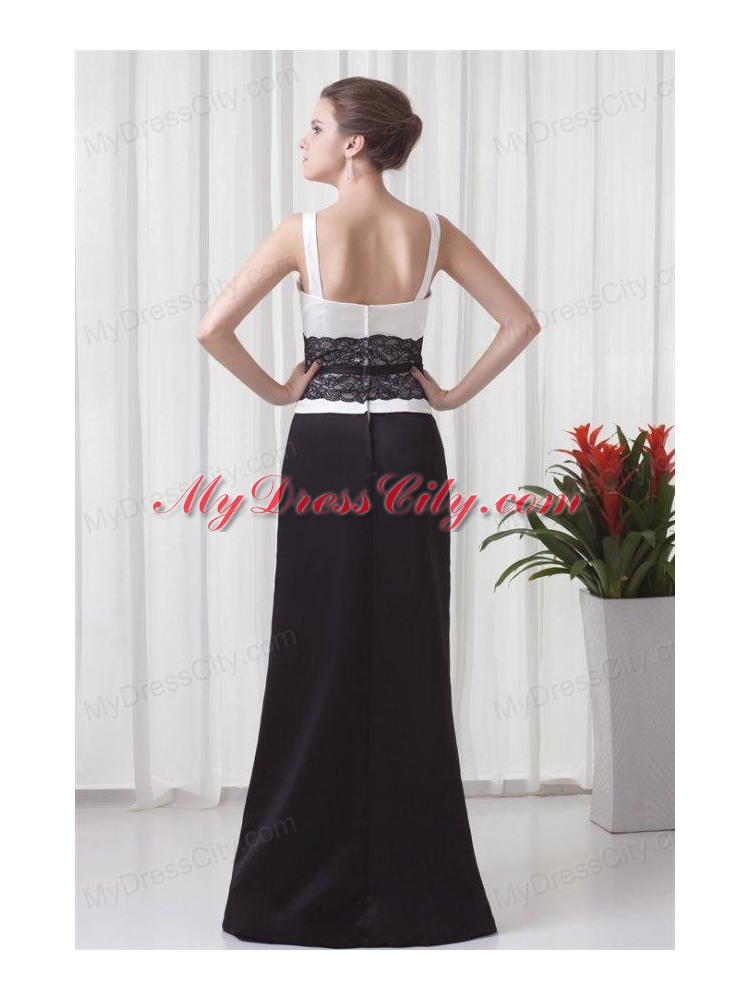 Column Straps Floor-length Lace Black and White Prom Dress