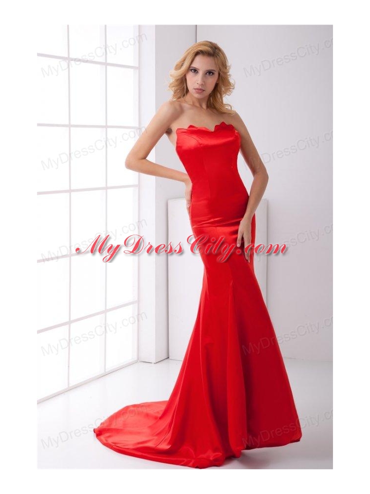 Column Sweetheart Red Brush Train Ruching Prom Dress