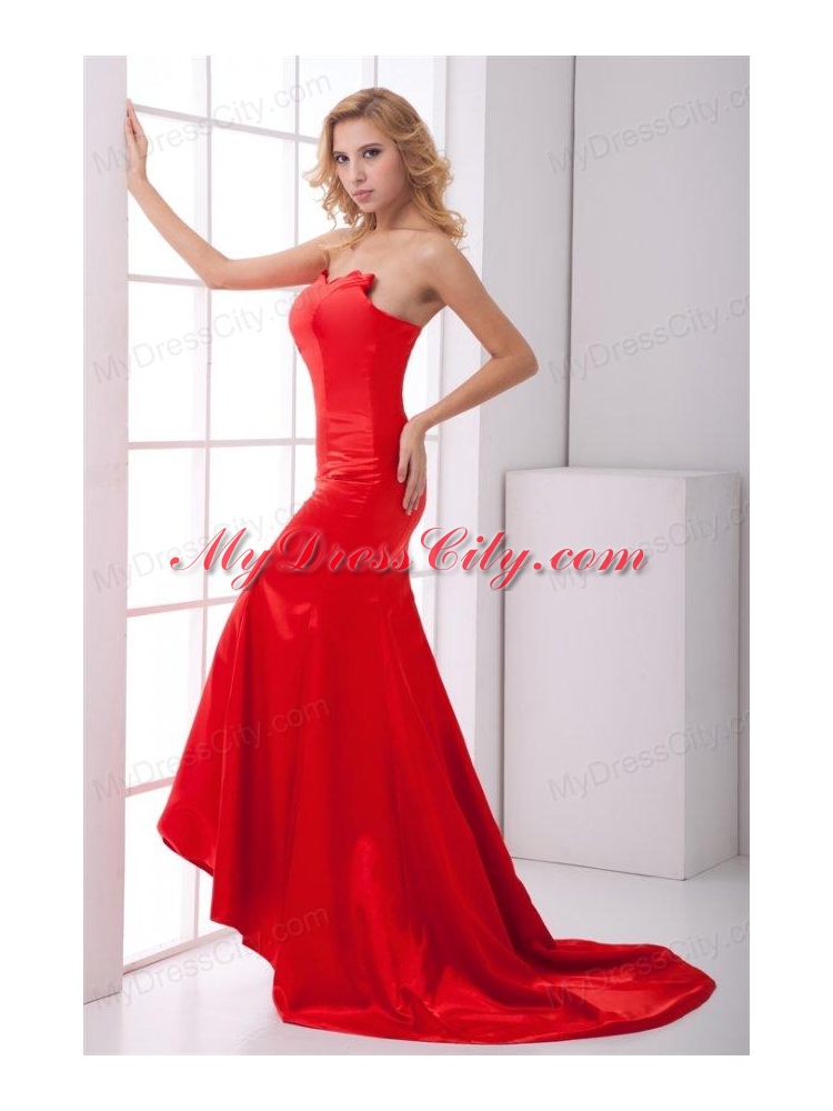 Column Sweetheart Red Brush Train Ruching Prom Dress