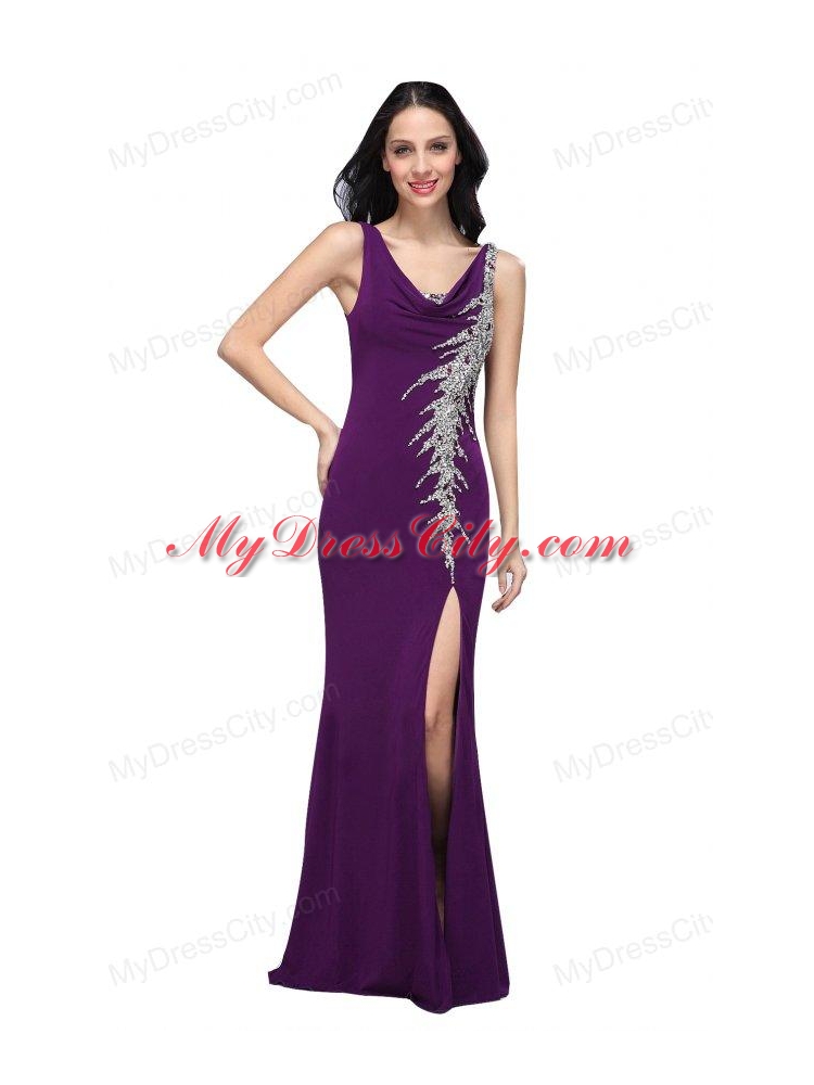 Column V-neck Purple Beading High Slit Chiffon Floor-length Prom Dress