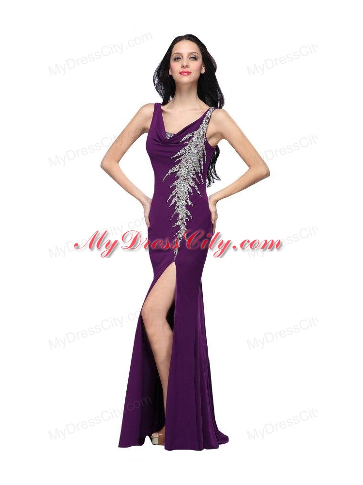 Column V-neck Purple Beading High Slit Chiffon Floor-length Prom Dress